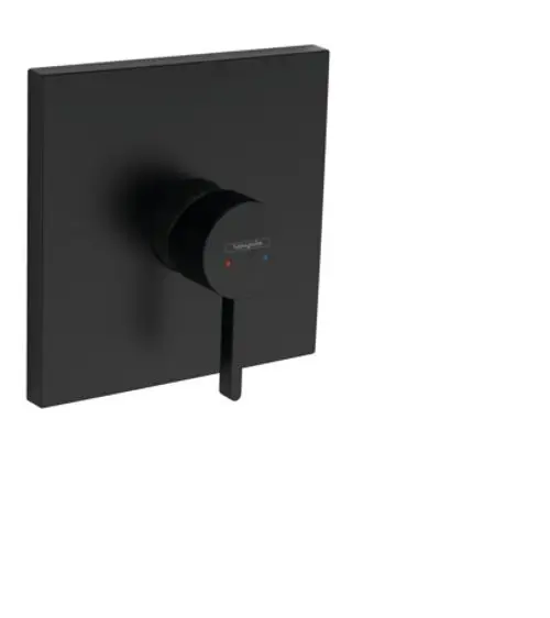 Schwarzer Einhebelmischer von Hansgrohe mit quadratischer Blende und seitlichem Hebel zur Einstellung von Temperatur und Durchfluss.